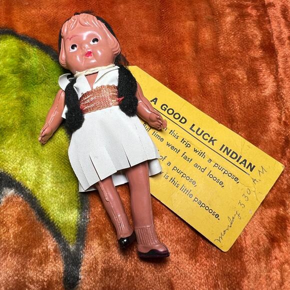 Vintage 50s Celluloid Good Luck Native American Doll Postage Mailed Postmarked - Picture 2 of 8